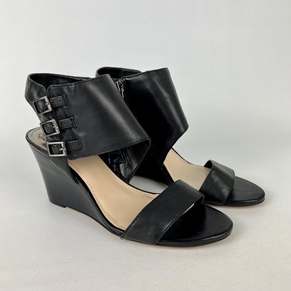 Vince Camuto Womens Lyssia Black Leather Sandals Open Toe Wedge Buckles size 9 - Picture 1 of 16